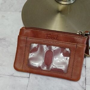 Fossil Tan Brown Leather ID Card Wallet with Key Ring